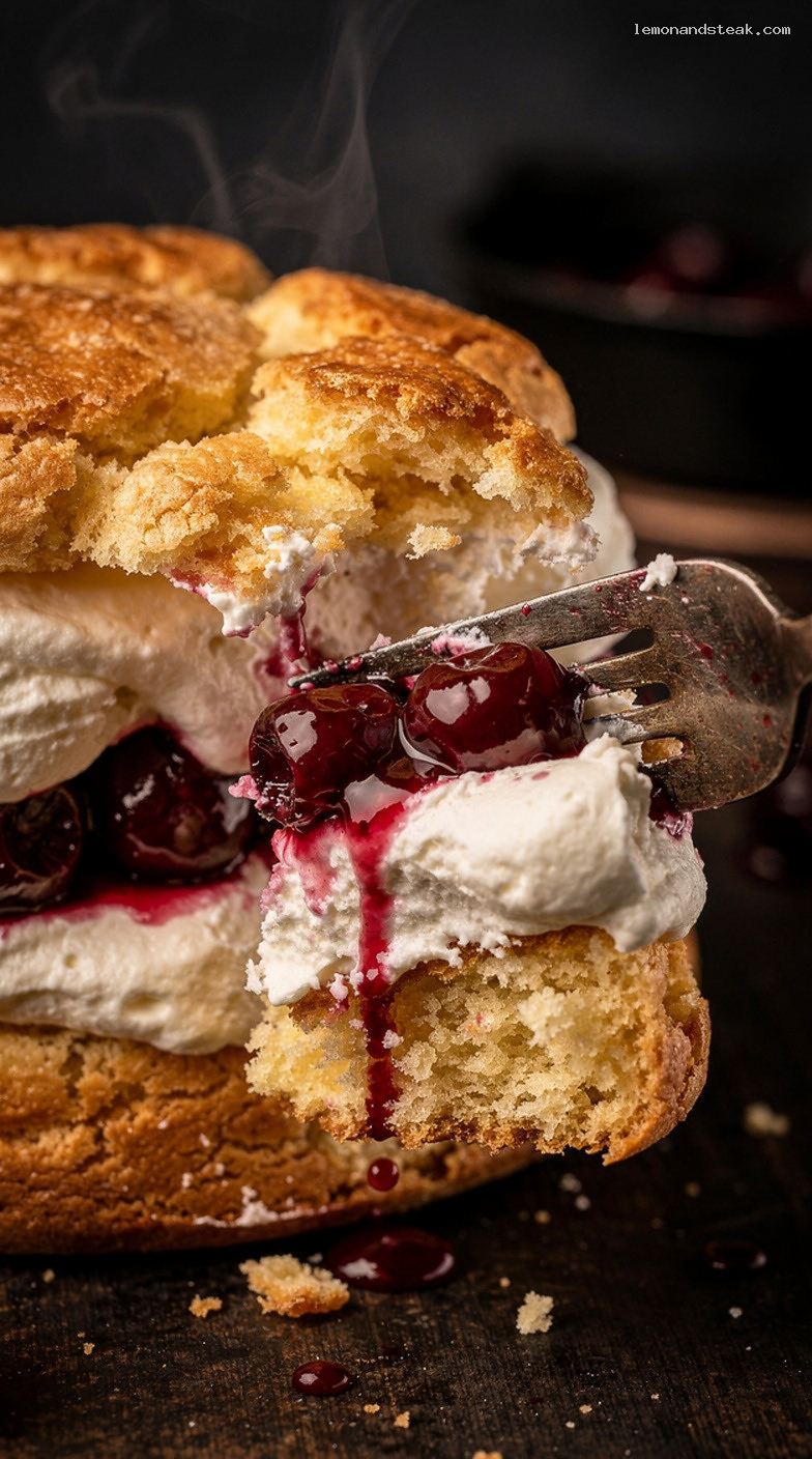Cherry Shortcake with Sweet-Tart Compote and Whipped Cream – Closeup