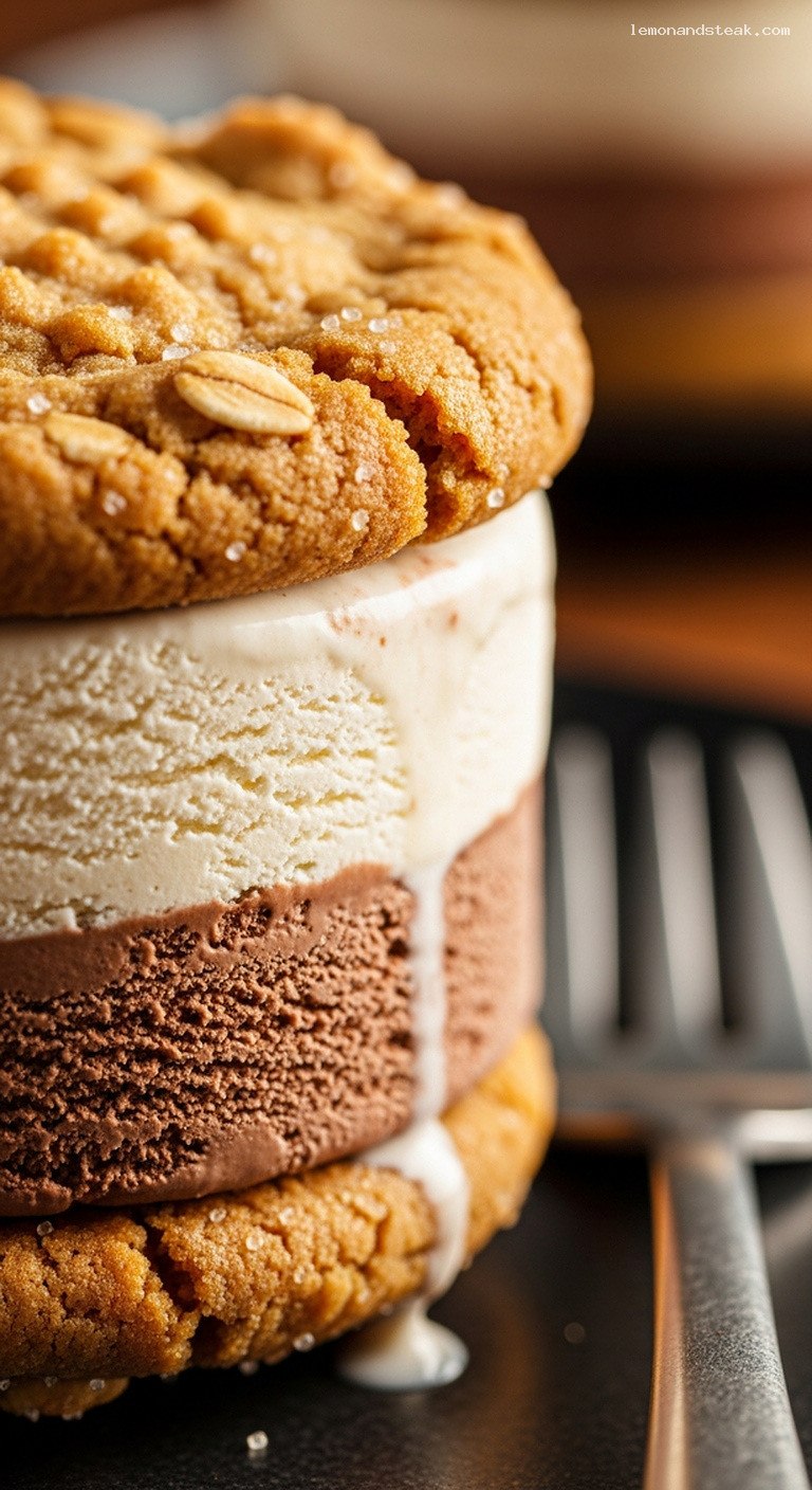 Chewy Peanut Butter Oatmeal Cookie Ice Cream Sandwiches – Closeup