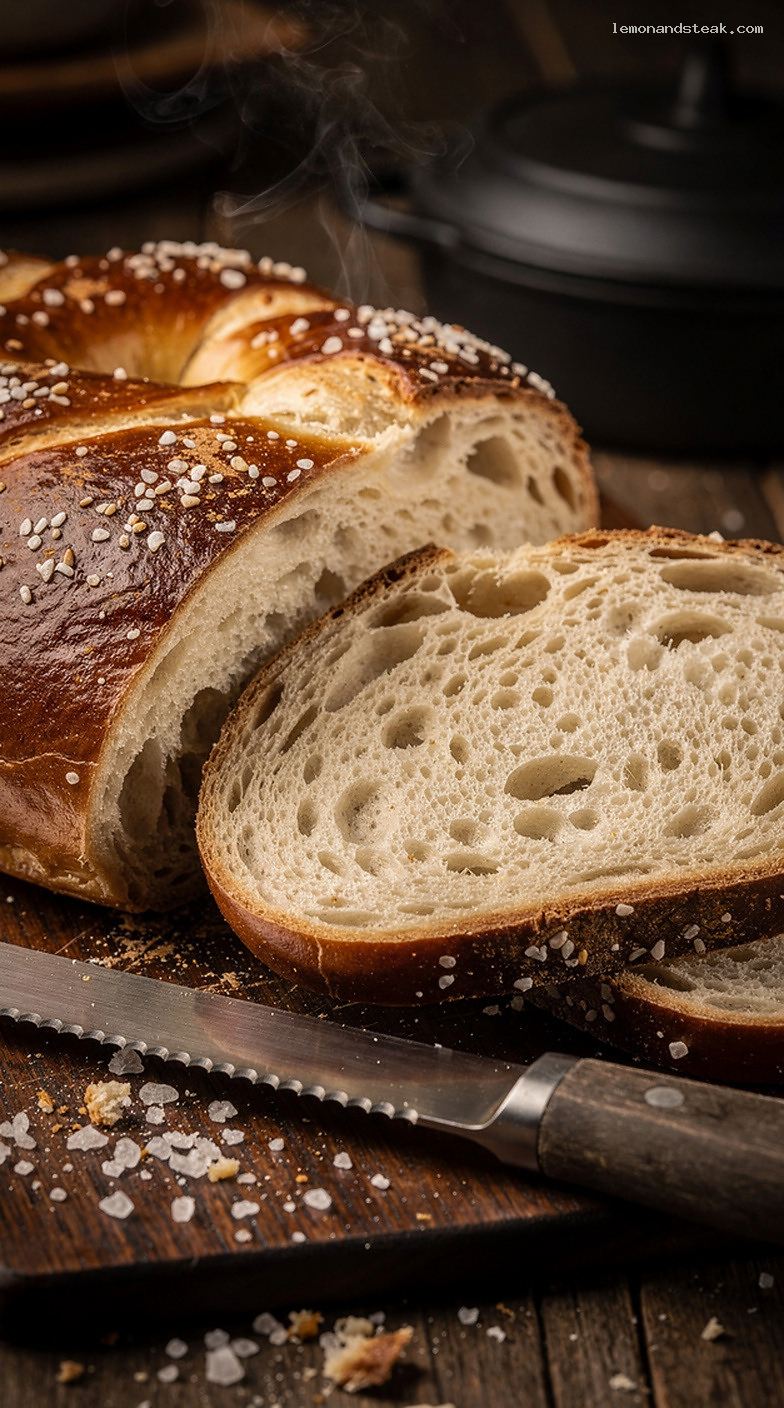 Chewy Pretzel Bread Loaf With Golden Brown Crust – Closeup