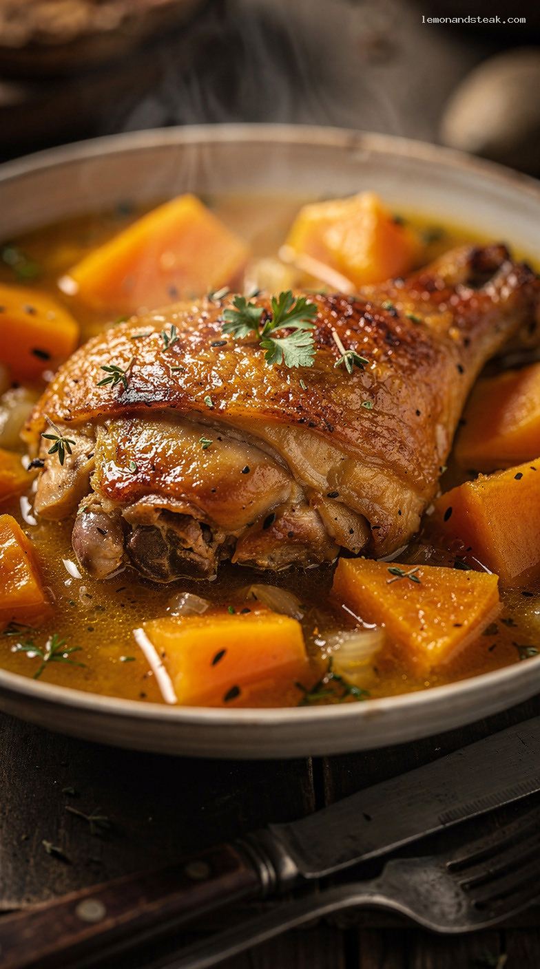 Chicken and Butternut Squash Stew with Herbs and Garlic – Closeup