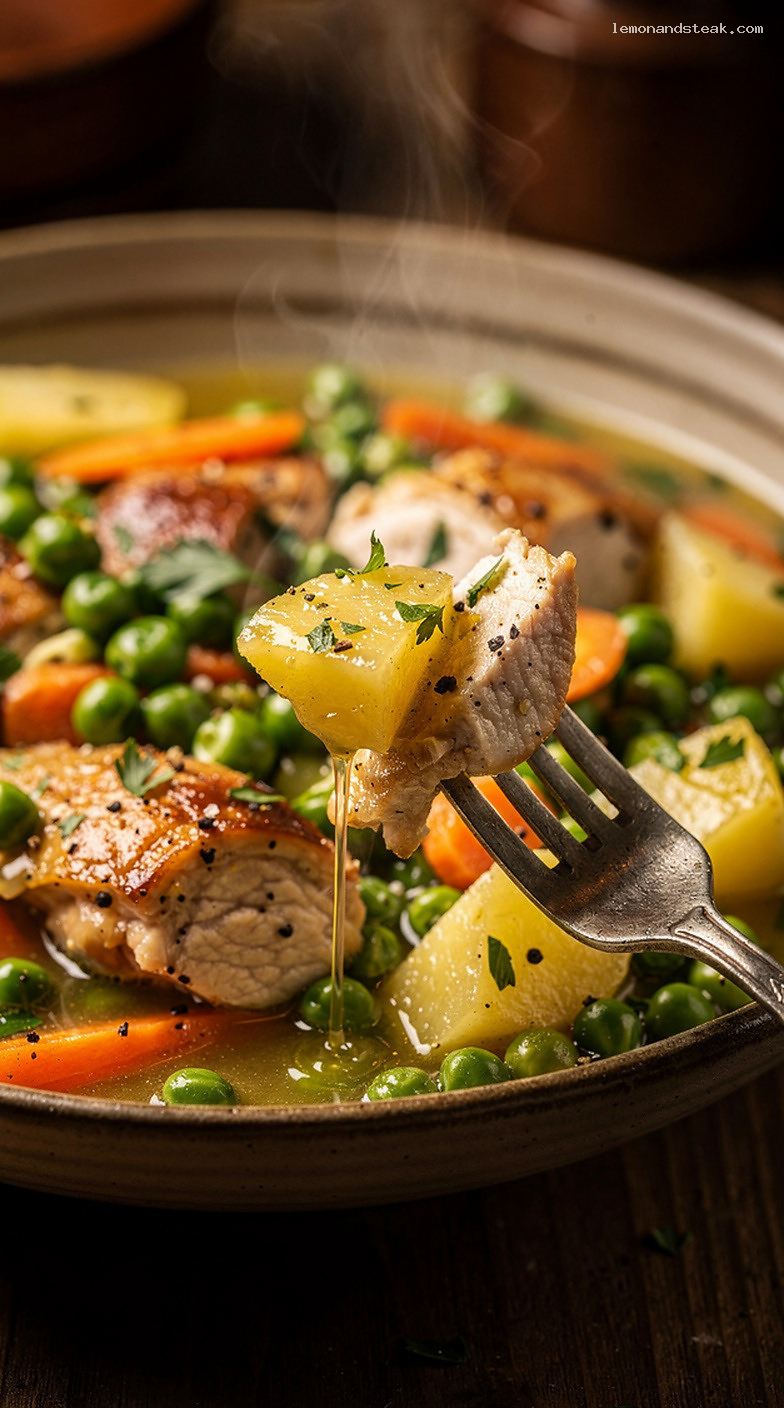 Chicken and Green Pea Stew with Herbs and Vegetables – Closeup