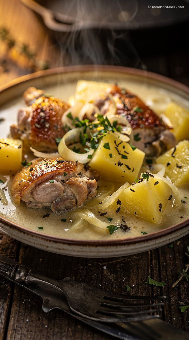 Chicken and Leek Stew With Potatoes and Herbs – Closeup