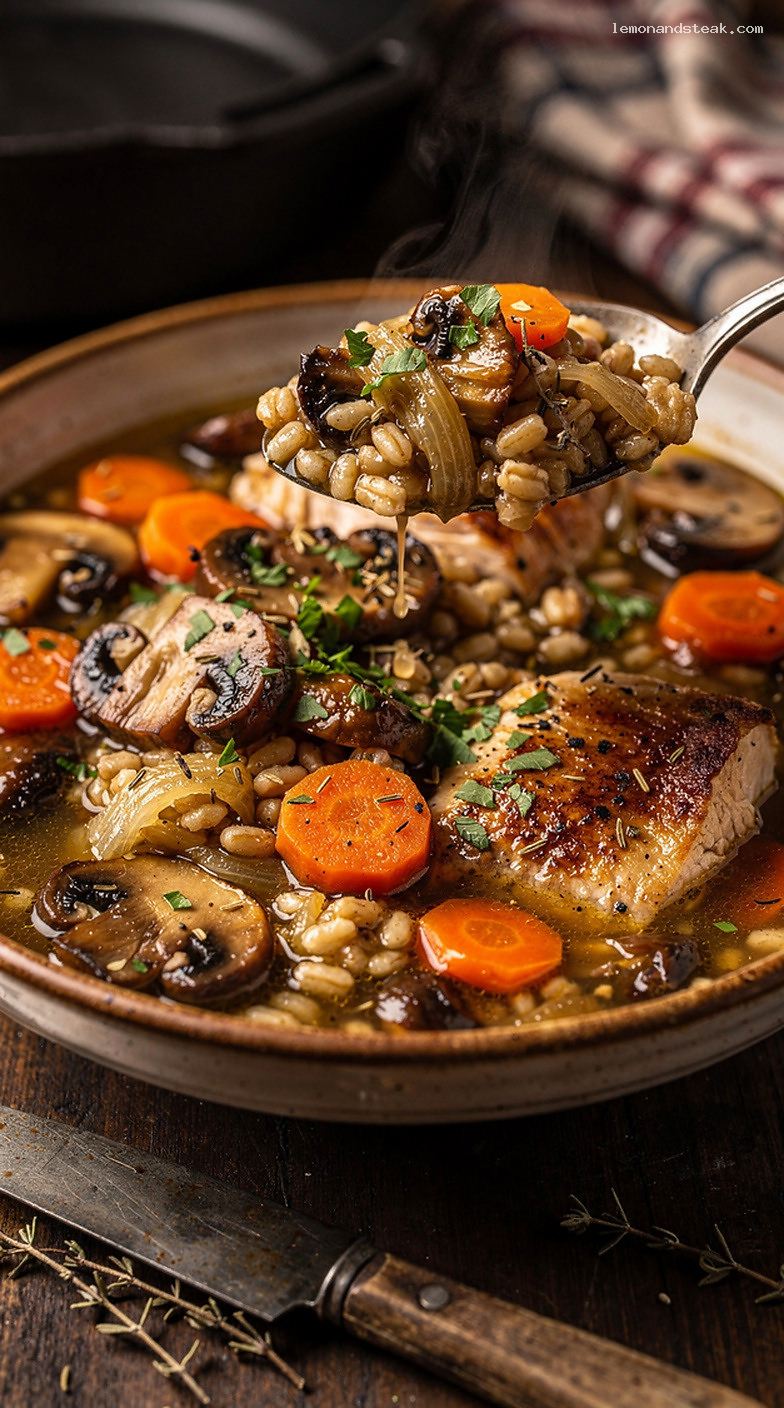 Chicken and Mushroom Barley Stew with Herbs – Closeup