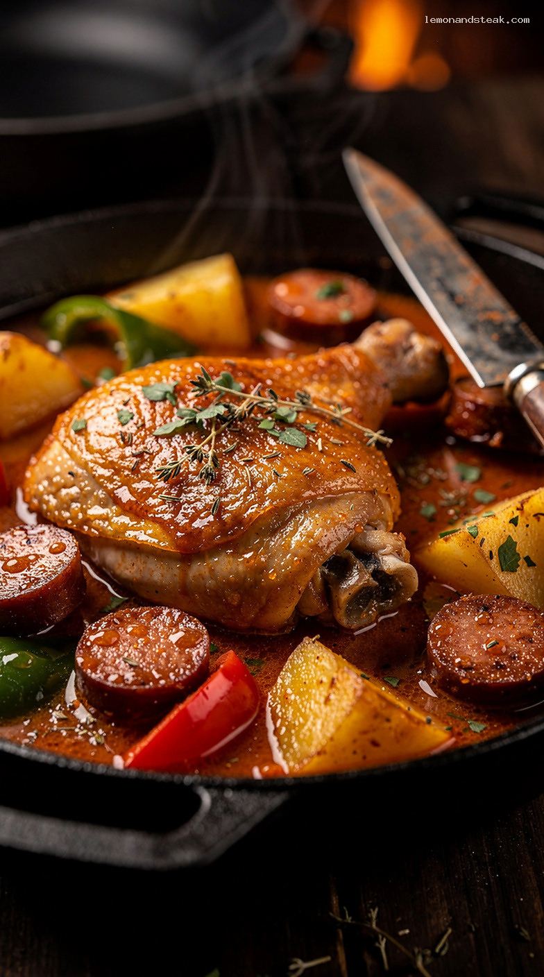 Chicken and Smoked Sausage Stew With Potatoes and Peppers – Closeup