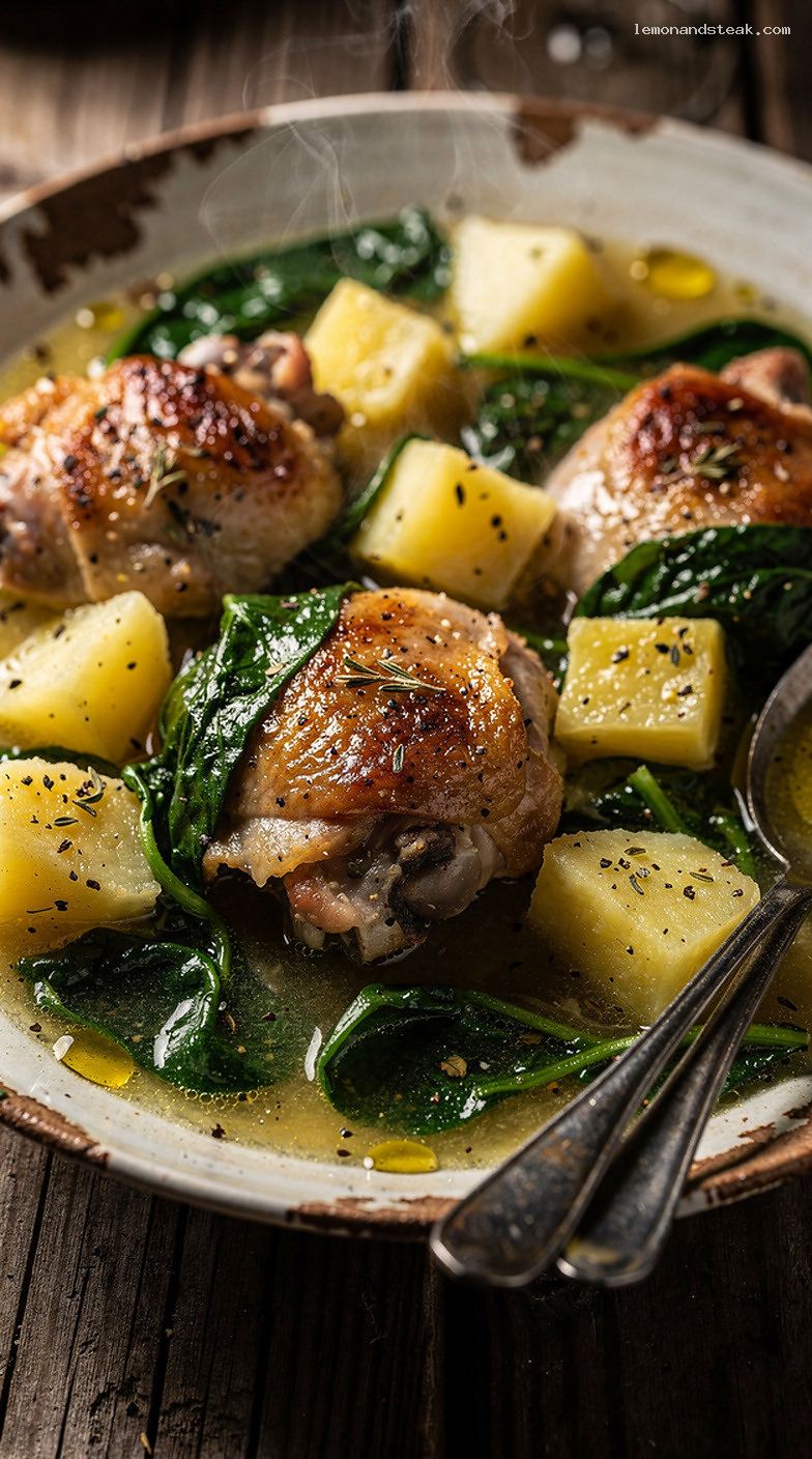 Chicken and Spinach Stew With Potatoes and Garlic – Closeup