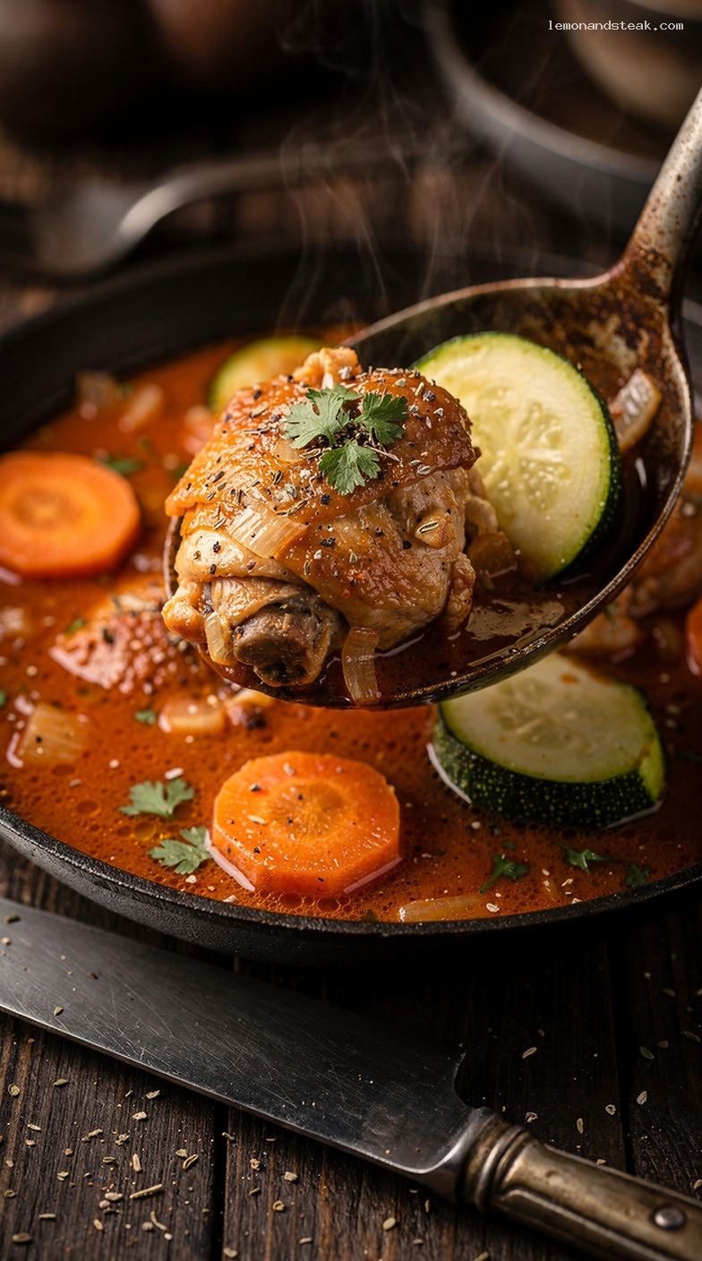 Chicken Tomato Vegetable Stew with Zucchini, Carrots, and Herbs – Closeup