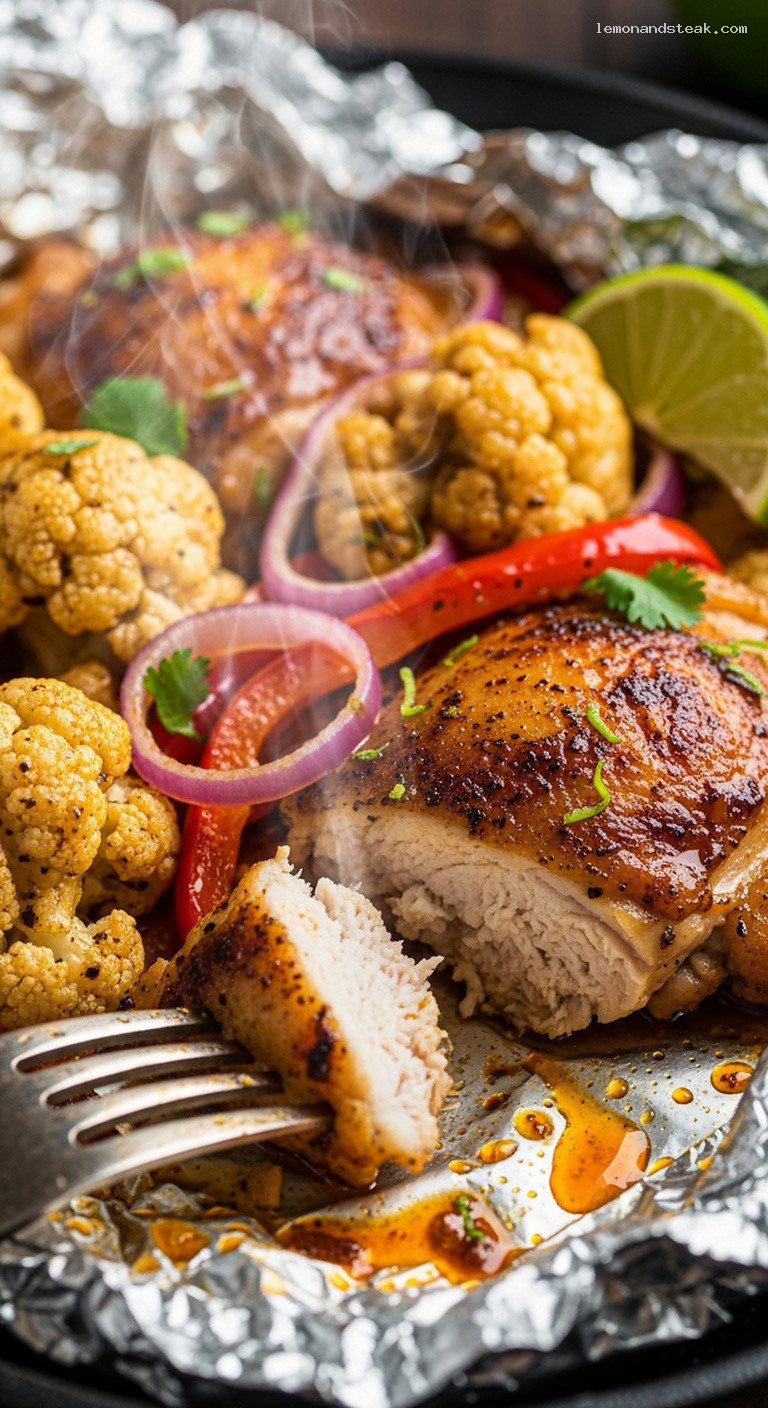 Chili-Lime Chicken and Cauliflower Foil Packet Dinner – Closeup