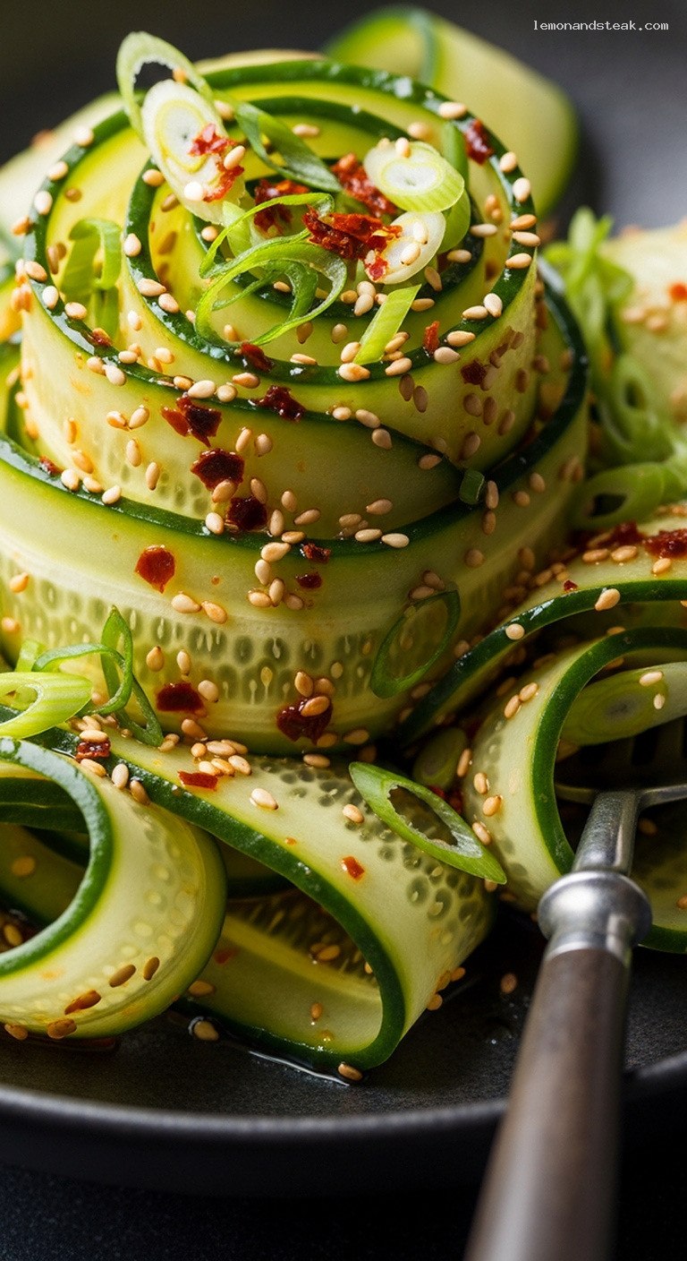 Chilled Cucumber Ribbon Salad With Sesame Soy Dressing – Closeup