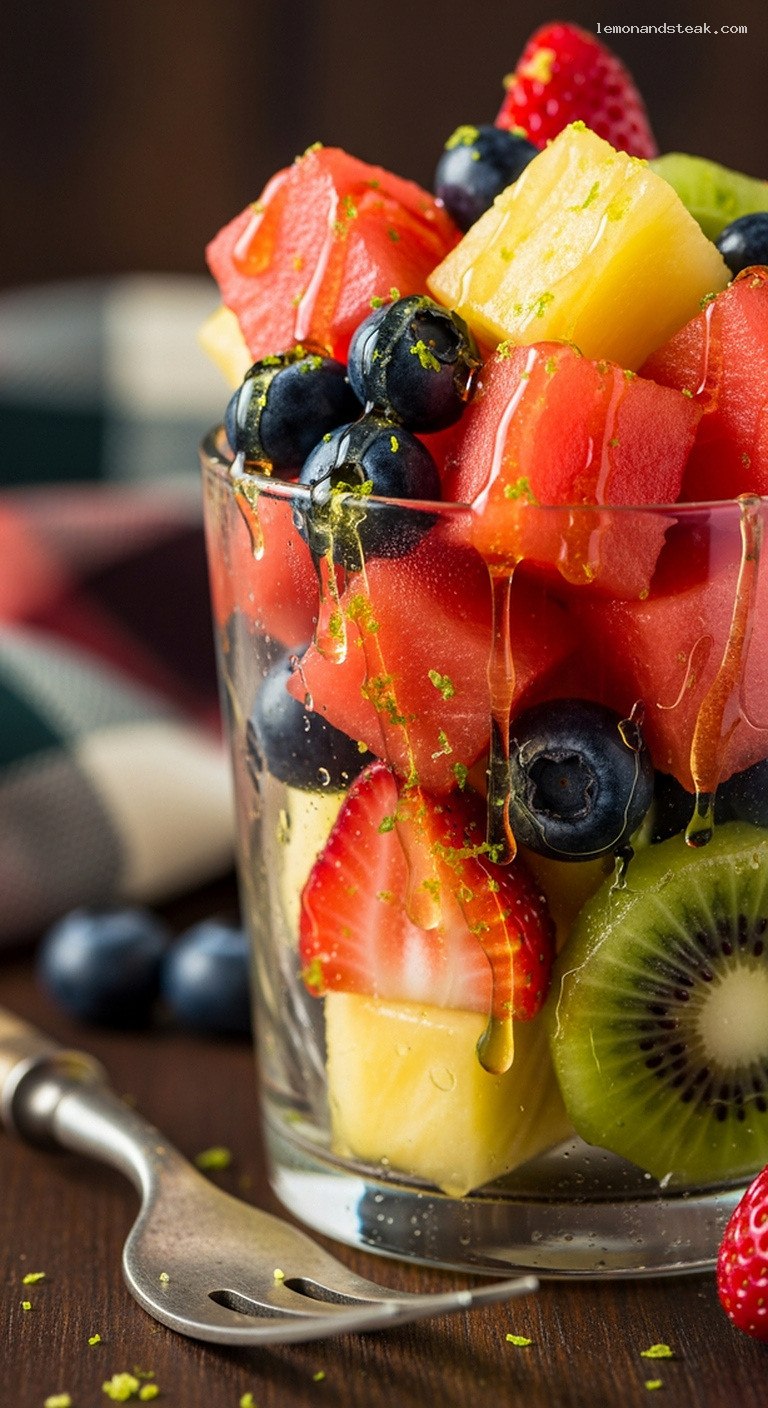 Chilled Fruit and Mint Cups with Honey-Lime Drizzle – Closeup