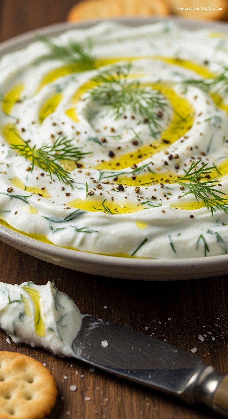 Chilled Yogurt Cucumber Dip with Dill and Crackers – Closeup