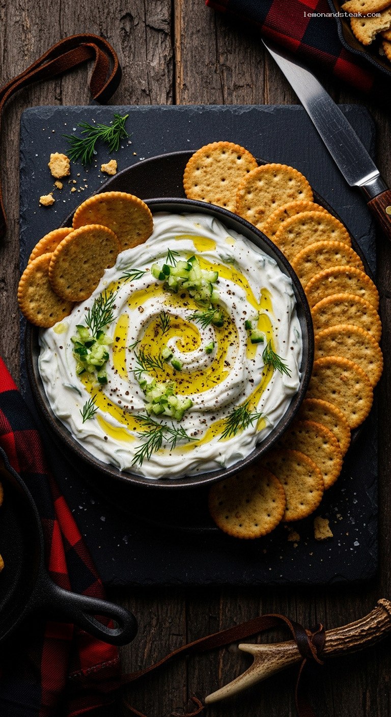Chilled Yogurt Cucumber Dip with Dill and Crackers