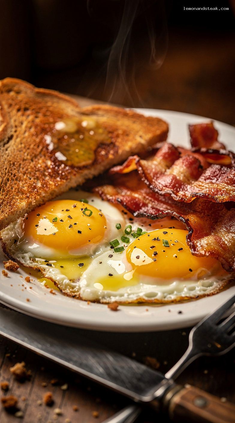Classic Bacon and Eggs Breakfast With Toast – Closeup