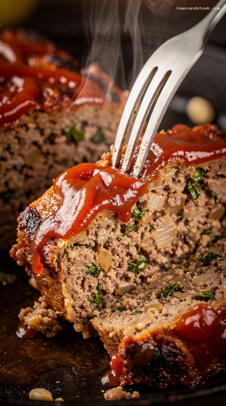 Classic Beef and Parsley Meatloaf with Ketchup Glaze – Closeup