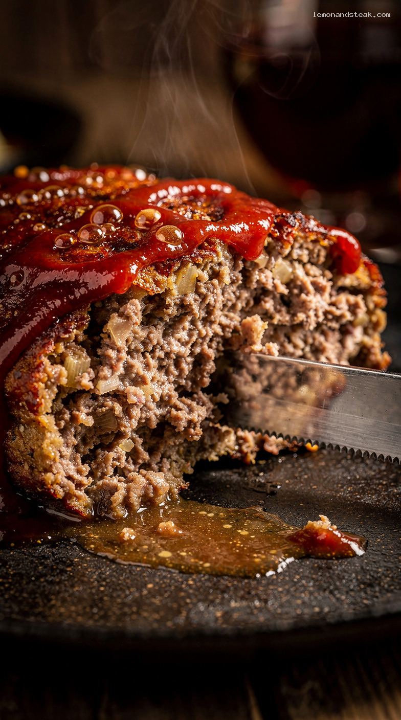 Classic Beef Meatloaf with Beef Broth Panade and Ketchup Glaze – Closeup
