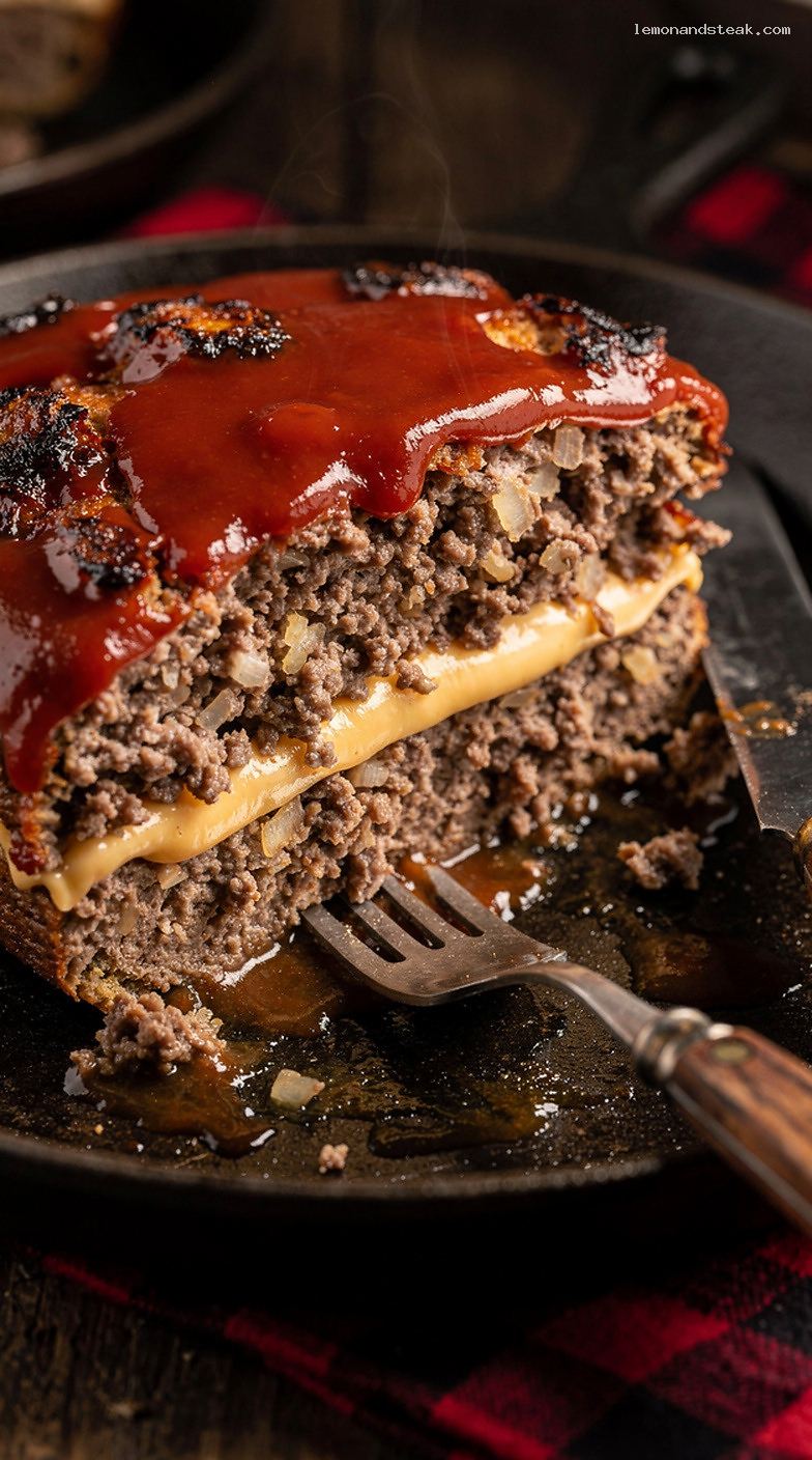 Classic Beef Meatloaf with Cheddar Center and Ketchup Topping – Closeup
