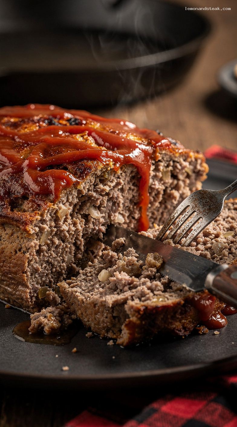 Classic Beef Meatloaf with Cream of Mushroom and Ketchup Glaze – Closeup