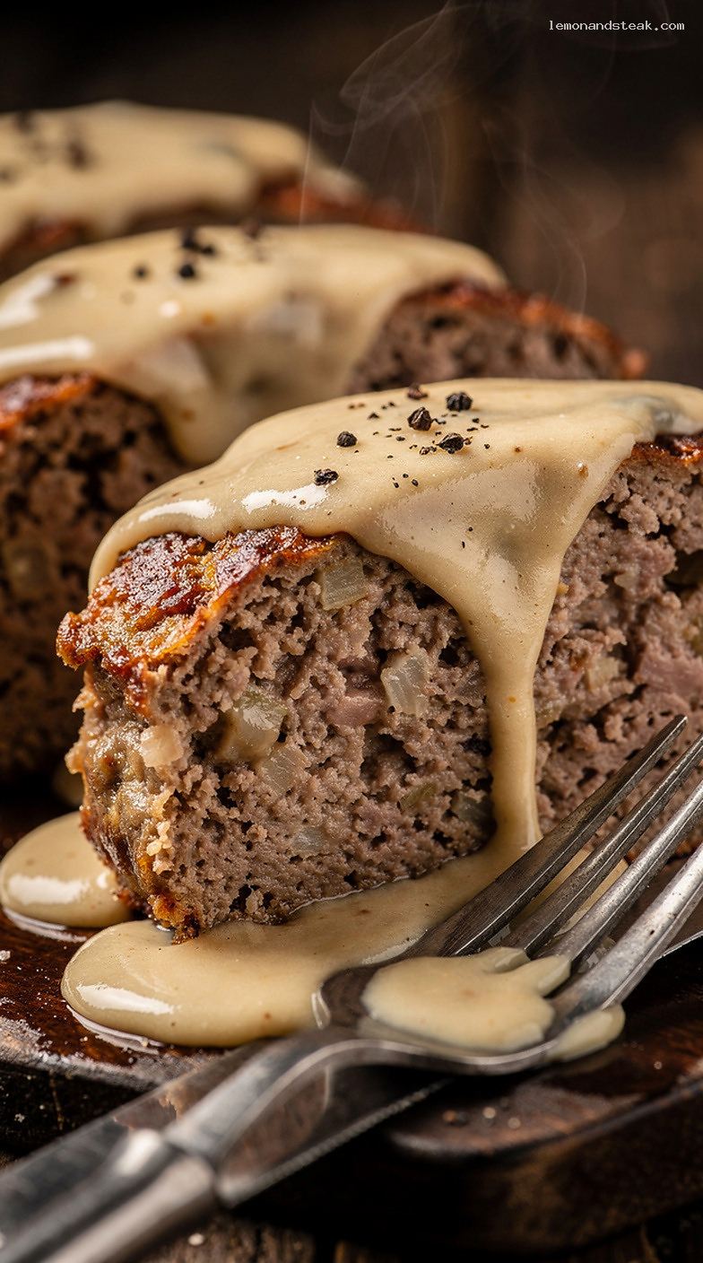 Classic Beef Meatloaf with Creamy Milk Gravy – Closeup