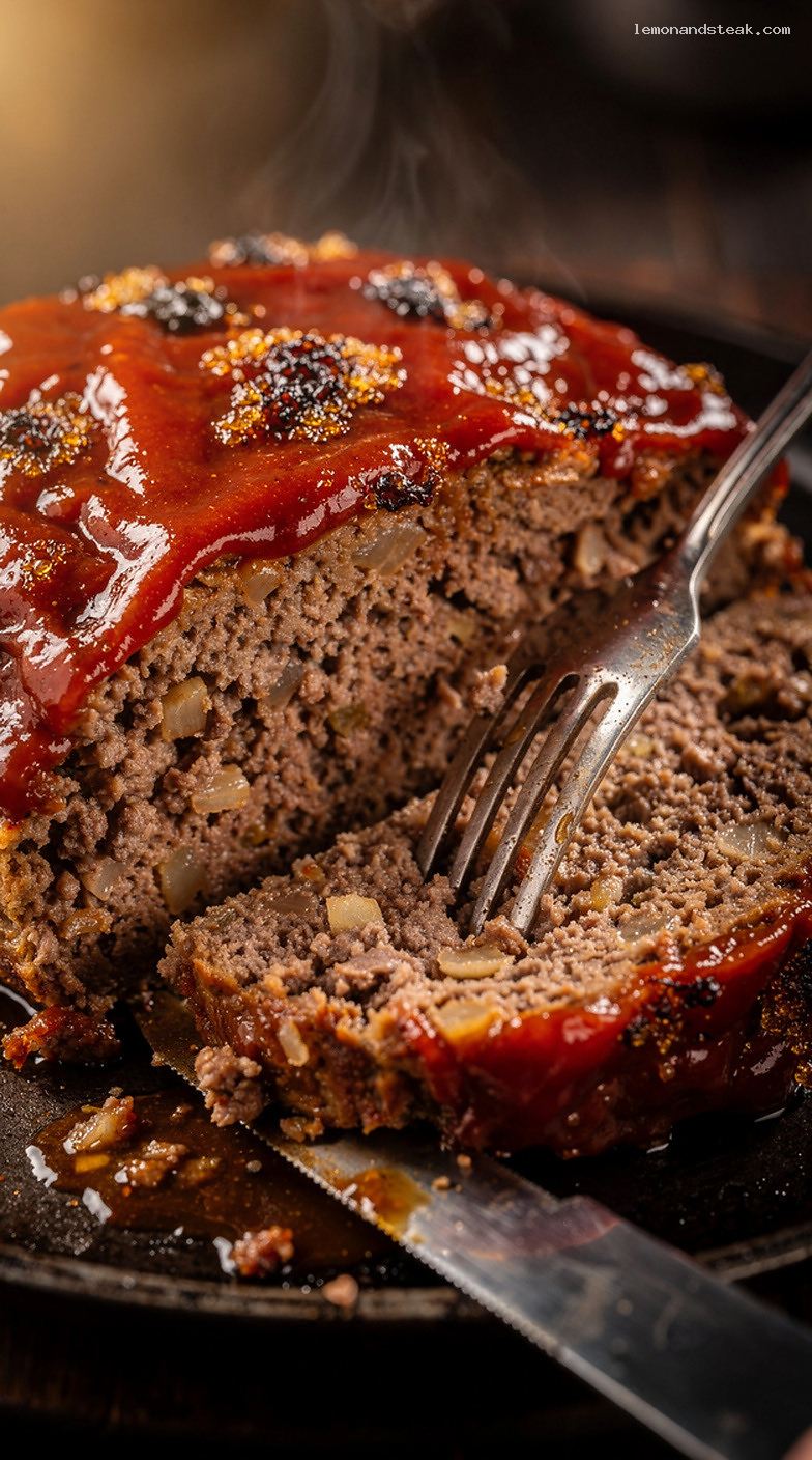 Classic Beef Meatloaf With Ketchup Glaze and Garlic Powder – Closeup