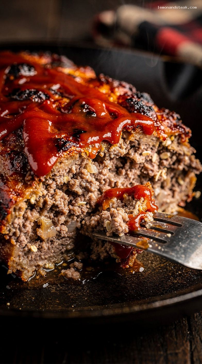 Classic Beef Meatloaf With Savory Oat Panade and Tomato Topping – Closeup
