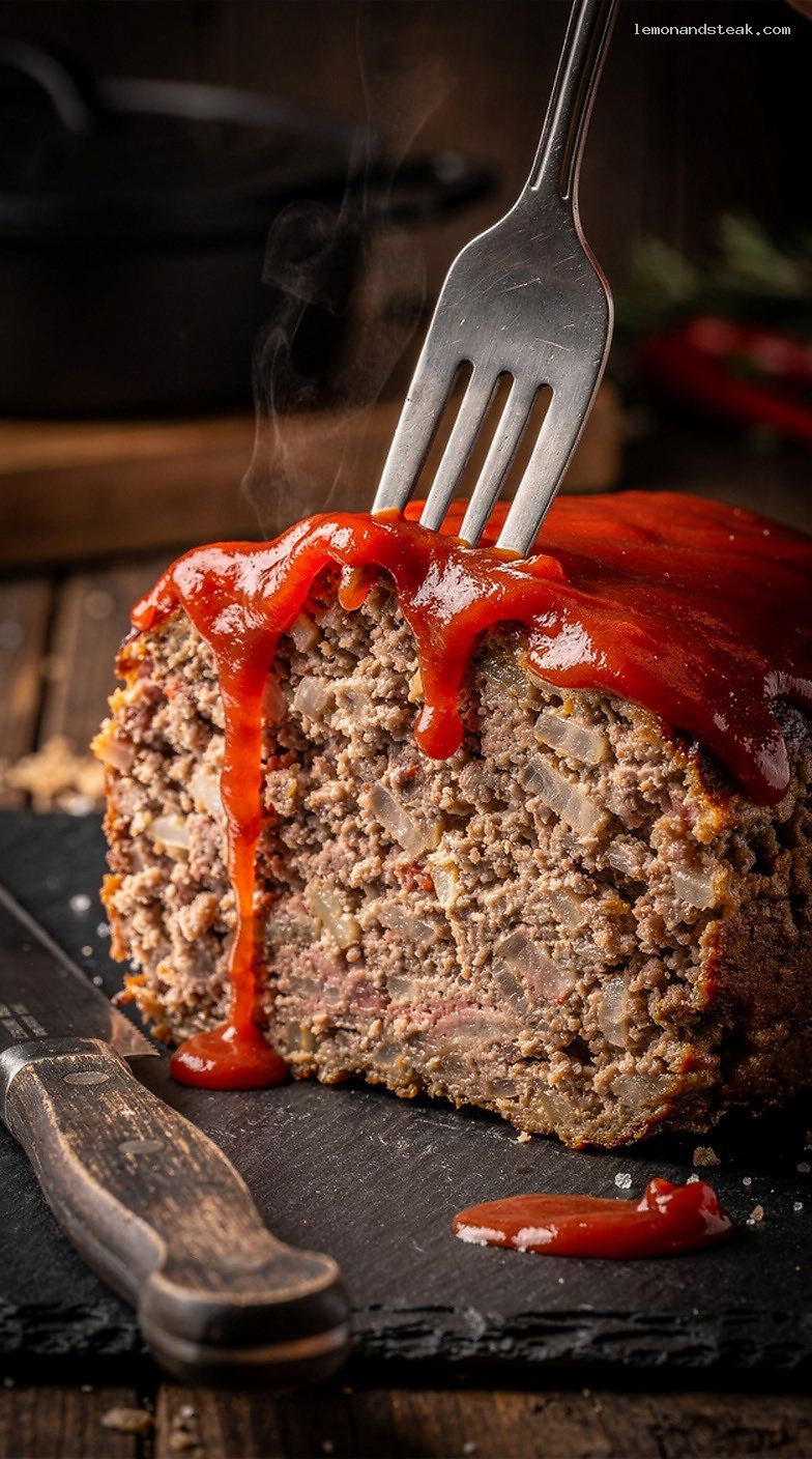 Classic Beef Meatloaf with Sweet Tangy Tomato-Chili Glaze – Closeup