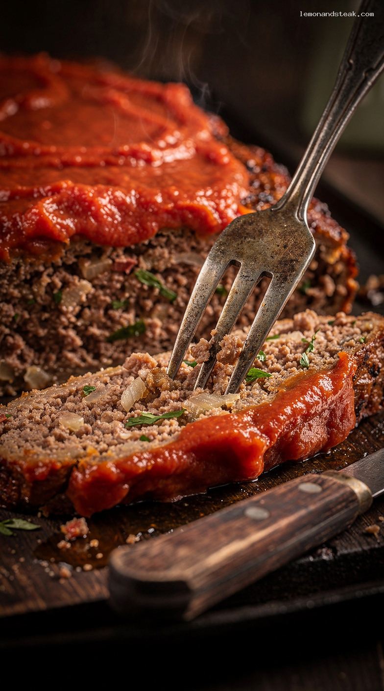 Classic Beef Meatloaf with Tomato-Celery Purée Topping – Closeup