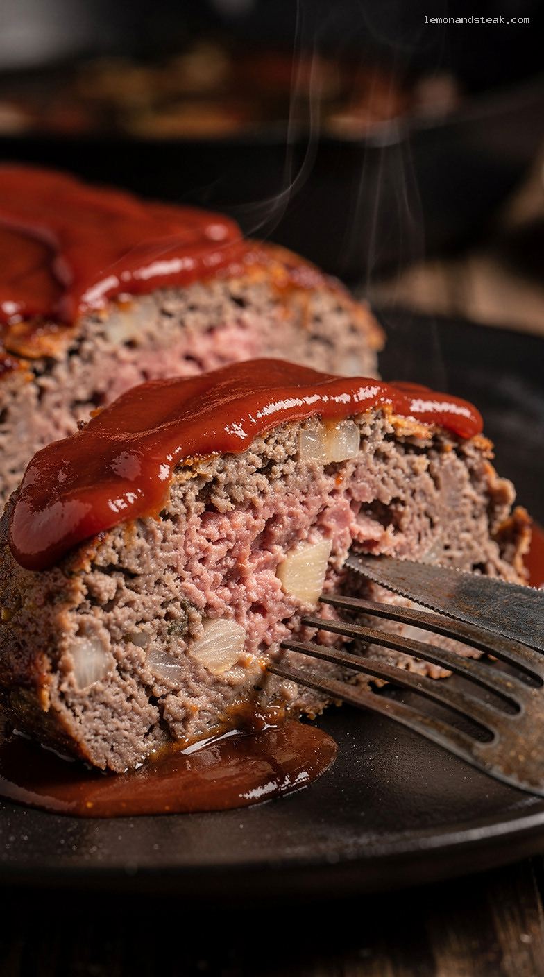 Classic Beef Meatloaf With Tomato Juice and Ketchup Glaze – Closeup