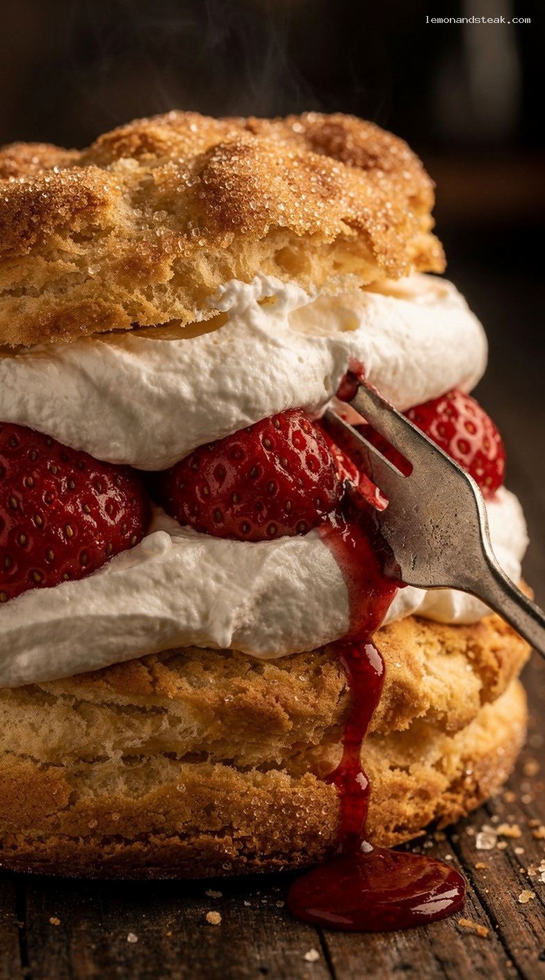Classic Biscuit Shortcake with Warm Strawberries and Whipped Cream – Closeup