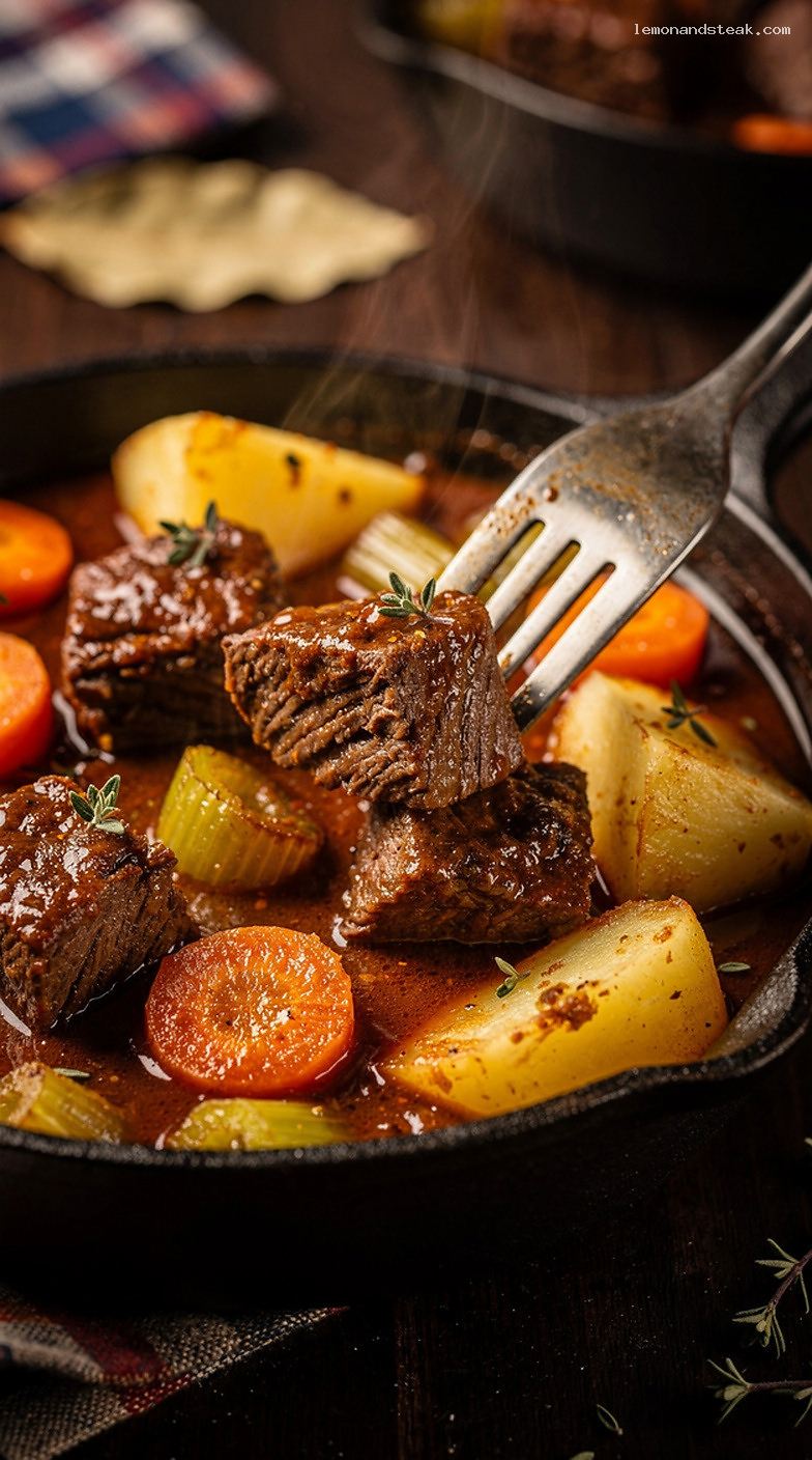 Classic Chuck Beef Stew With Potatoes and Herbs – Closeup