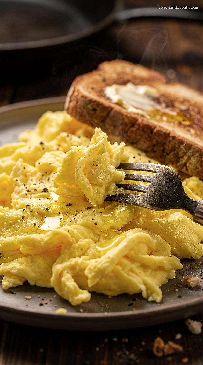 Classic Creamy Butter Scrambled Eggs With Toast – Closeup