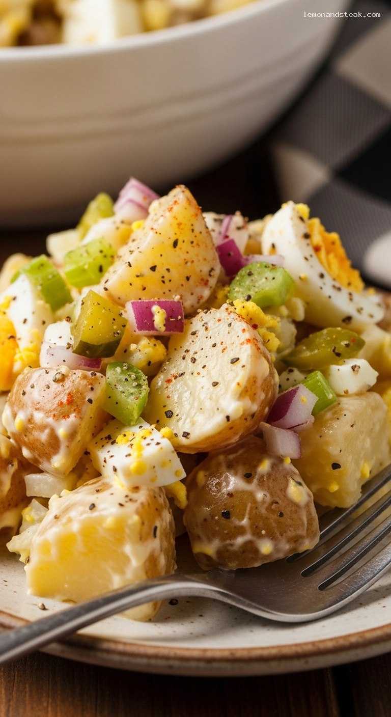 Classic Creamy Potato Salad With Eggs and Celery – Closeup