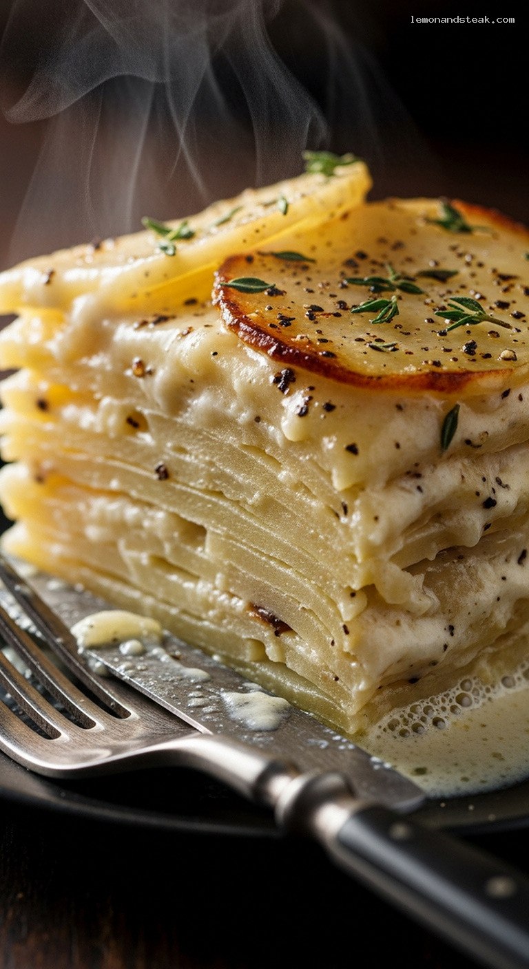 Classic Creamy Scalloped Potatoes with Buttery Baked Topping – Closeup