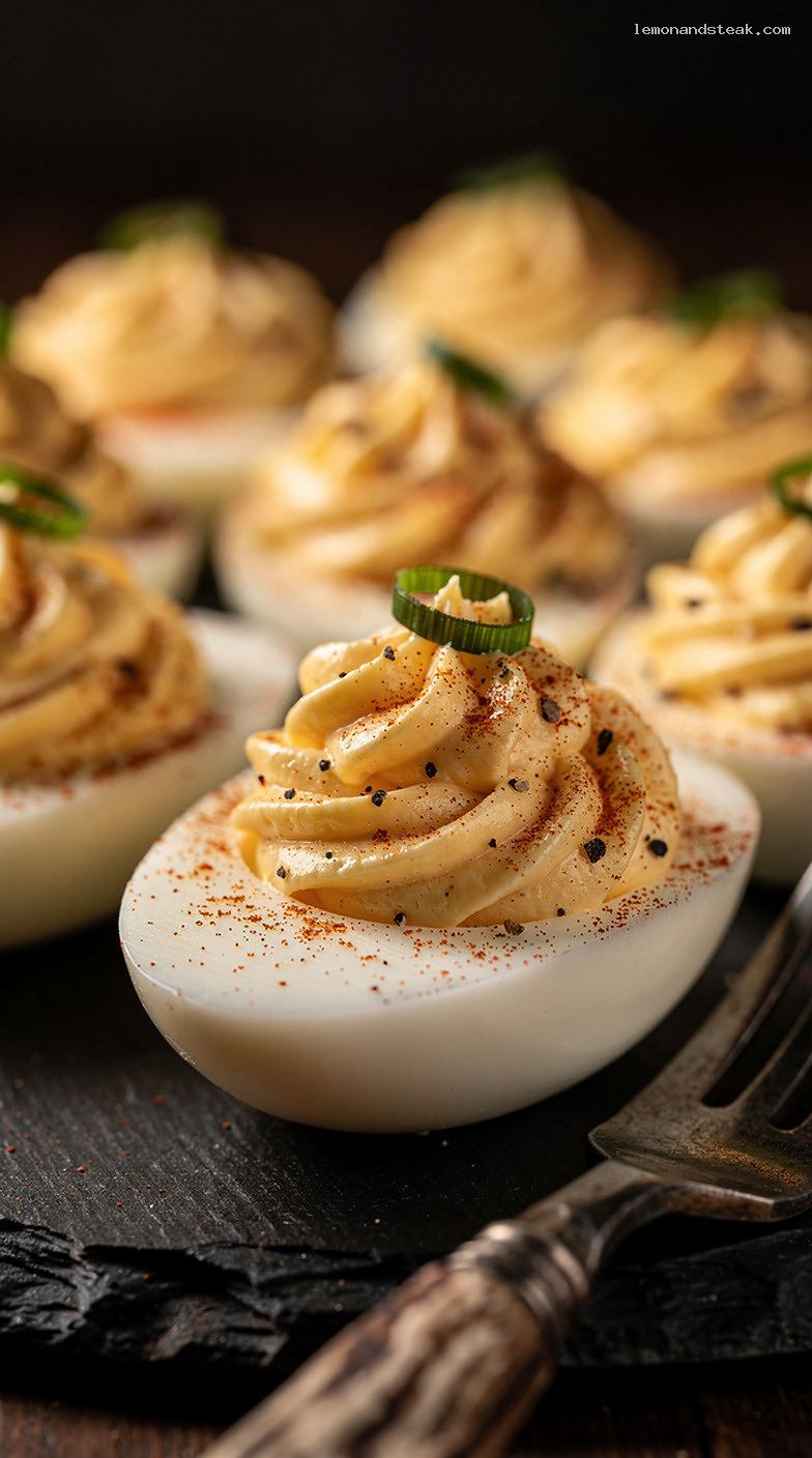 Classic Deviled Eggs With Mustard, Mayo, and Paprika – Closeup