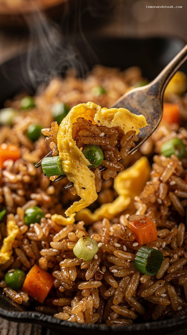 Classic Egg Fried Rice With Soy Sauce and Vegetables – Closeup