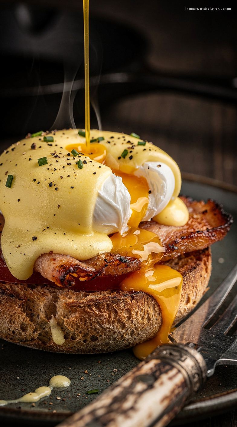 Classic Eggs Benedict With Poached Eggs and Hollandaise Sauce – Closeup