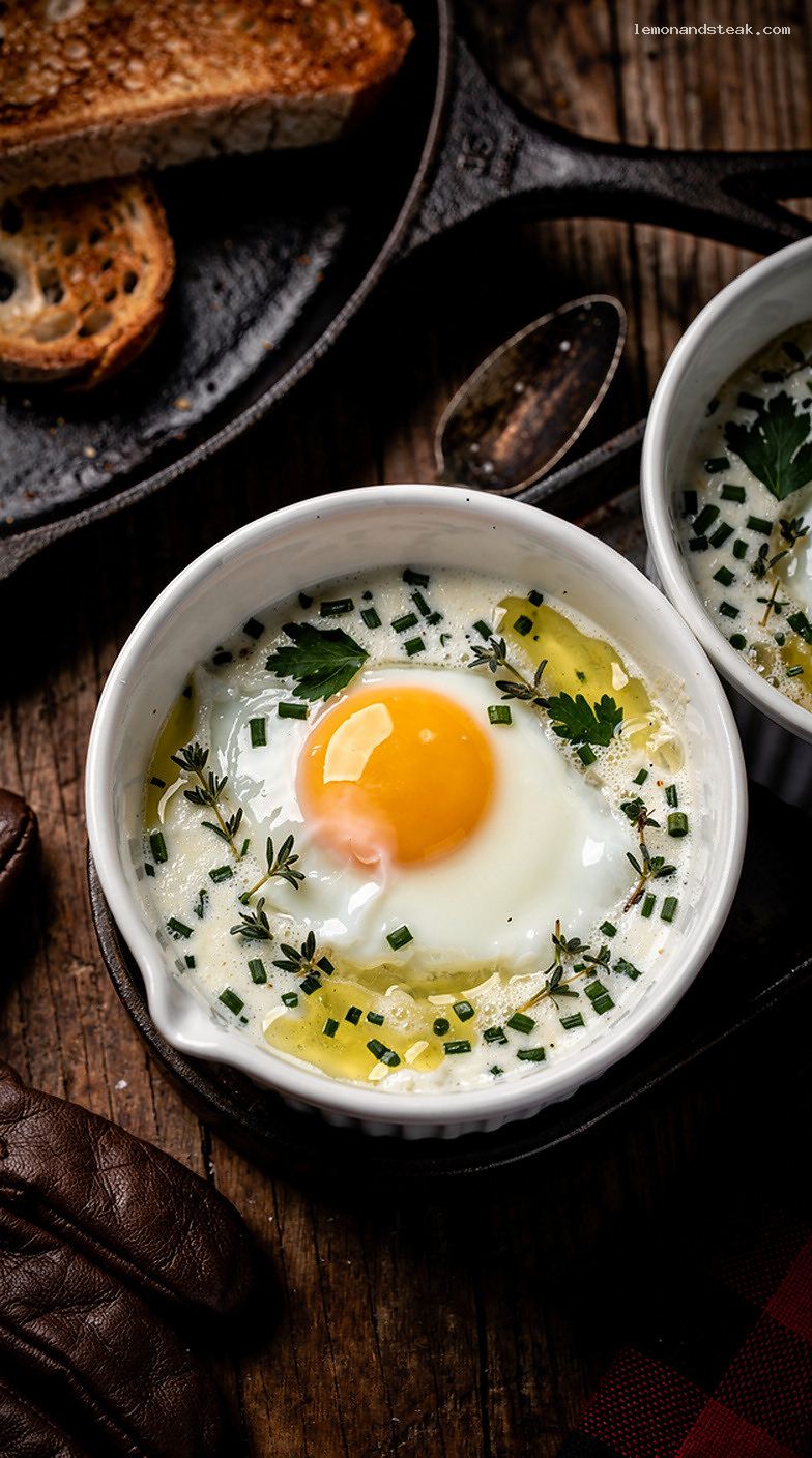Classic Eggs En Cocotte with Cream, Butter, and Herbs