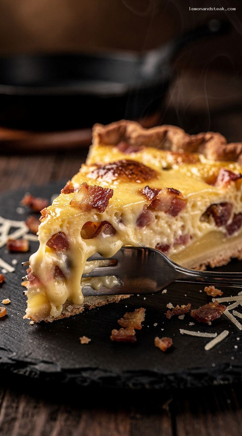 Classic Flaky Crust Quiche With Cheese and Bacon or Spinach – Closeup