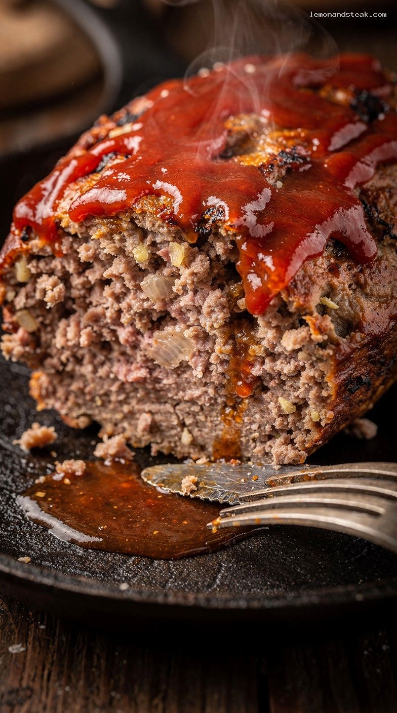 Classic Homestyle Beef and Pork Meatloaf With Sweet-Tangy Glaze – Closeup