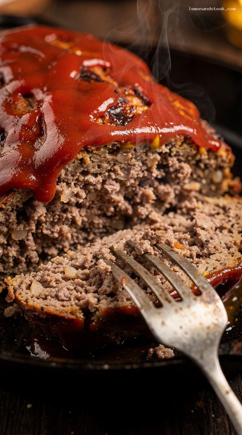 Classic Juicy Meatloaf with Beef Broth and Ketchup Topping – Closeup