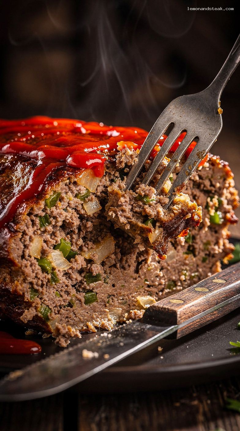 Classic Meatloaf With Bell Peppers and Ketchup-Brown Sugar Glaze – Closeup