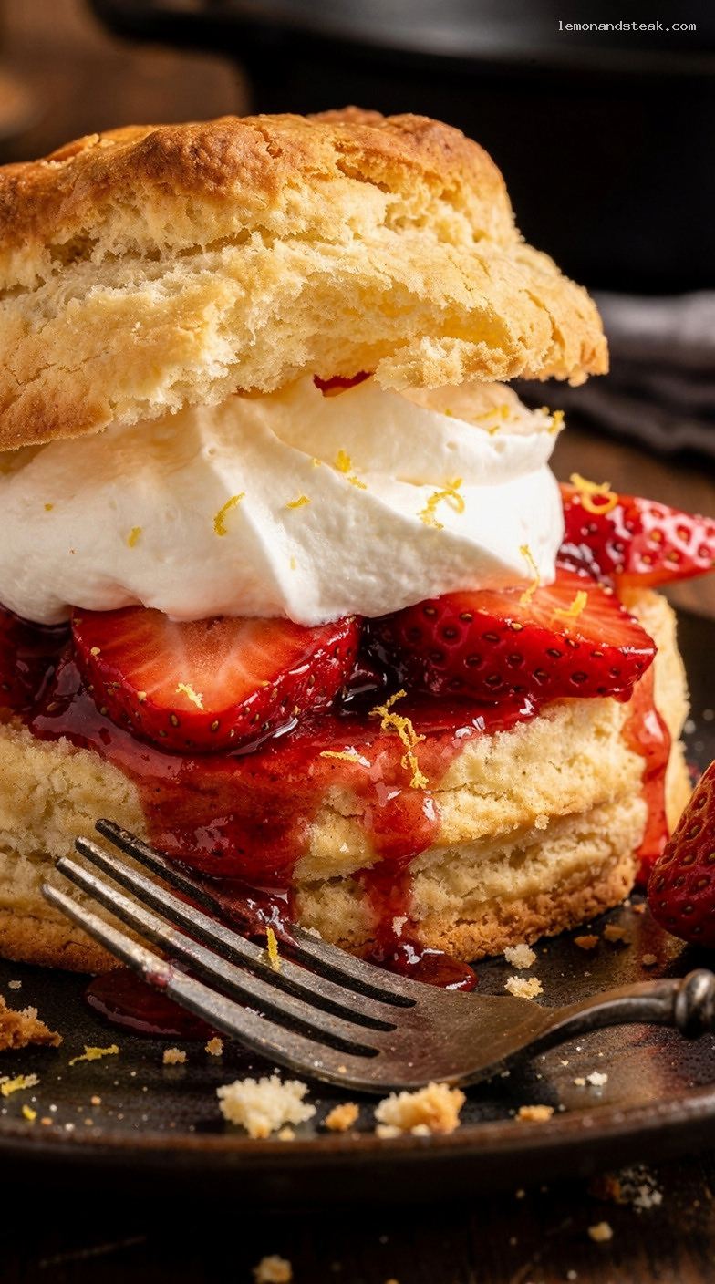 Classic Strawberry Shortcake With Flaky Biscuits and Lemon-Zest Strawberries – Closeup