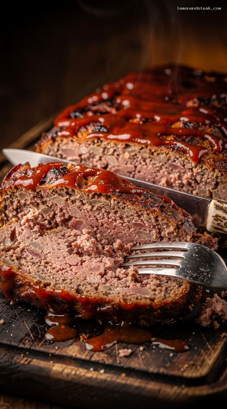 Classic Ultra-Tender Beef Meatloaf With Ketchup Glaze – Closeup