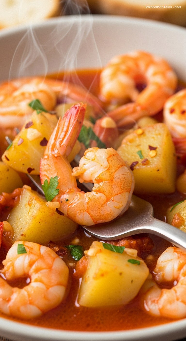 Coastal Tomato-Garlic Shrimp and Potato Stew – Closeup