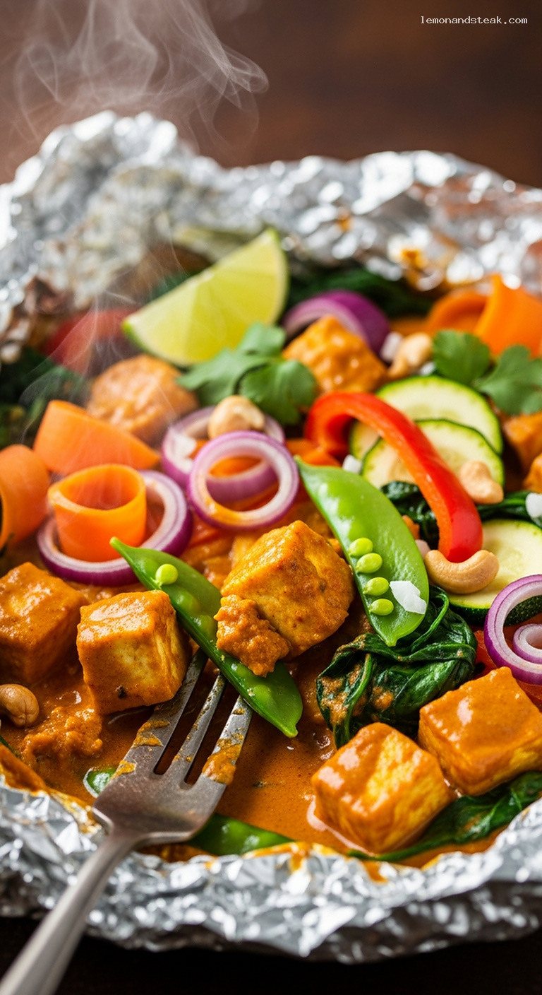 Coconut Curry Tofu and Vegetable Foil Packets – Closeup