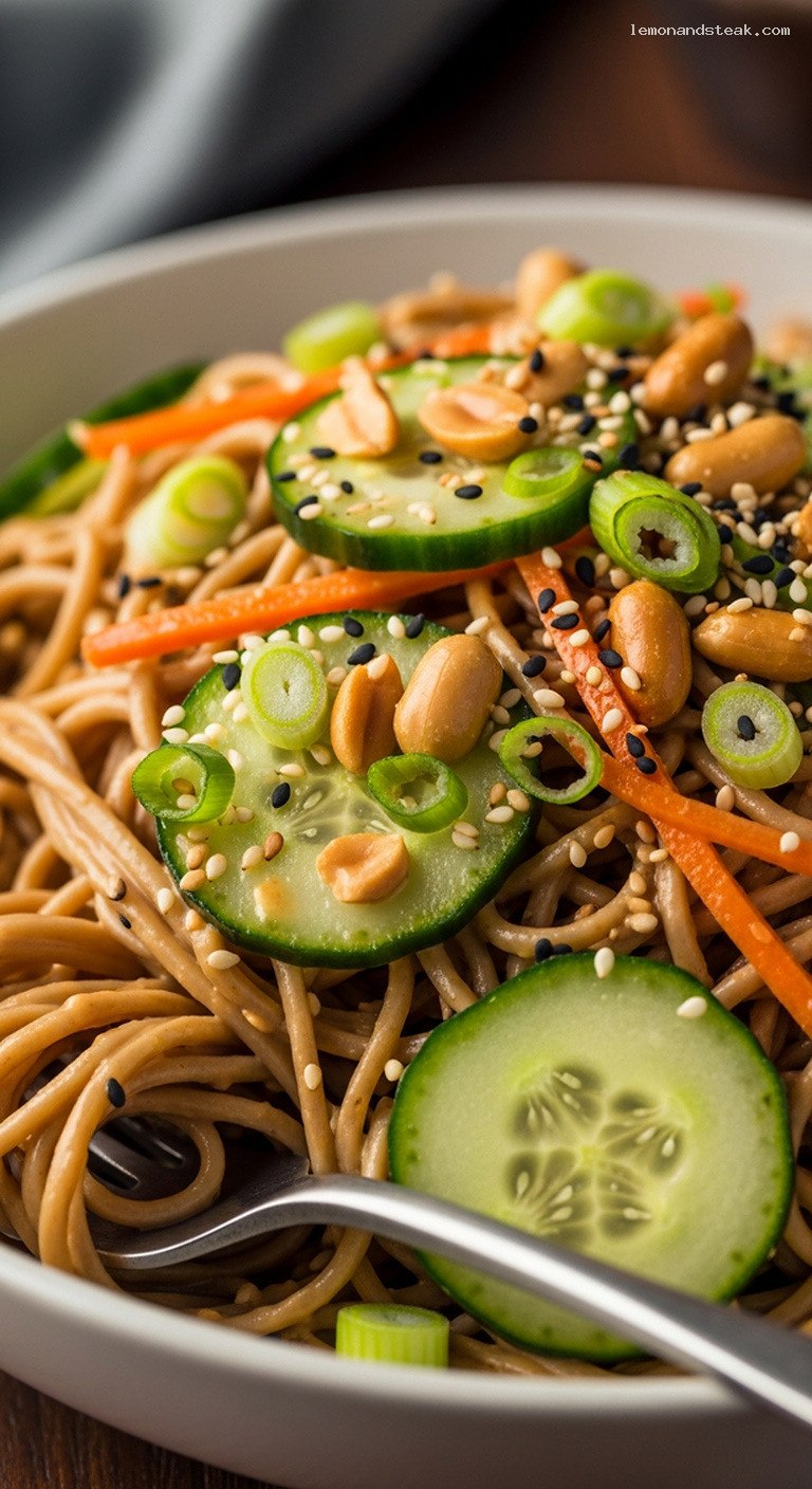 Cold Peanut Sesame Soba Salad With Cucumbers and Scallions – Closeup