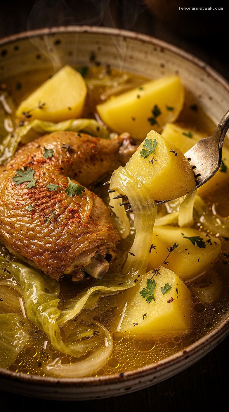 Comforting Chicken and Cabbage Stew with Potatoes and Herbs – Closeup