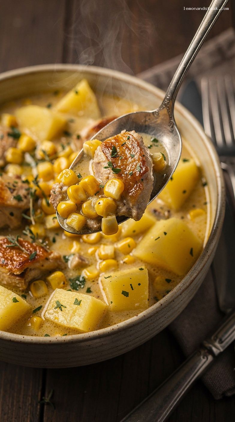 Comforting Chicken and Corn Stew With Potatoes and Herbs – Closeup