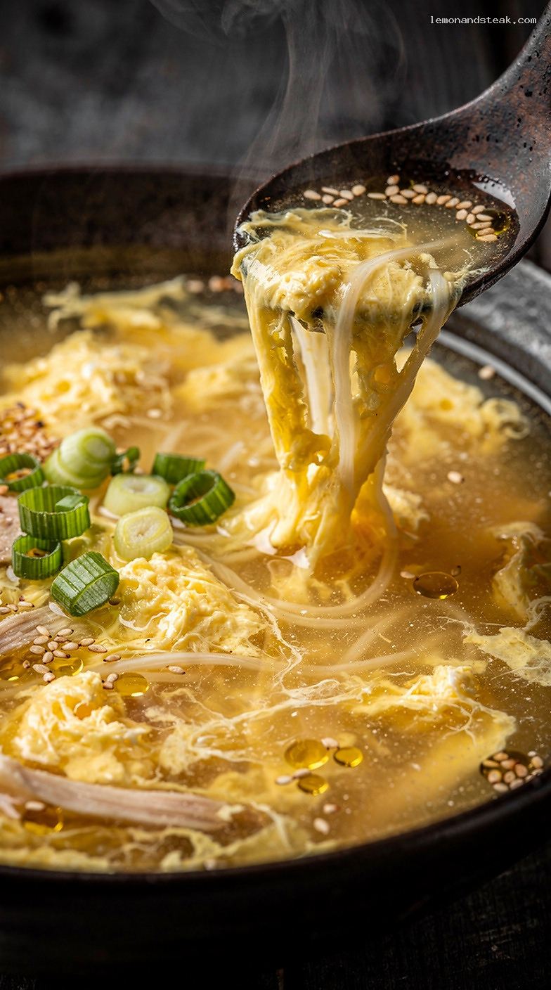 Comforting Egg Drop Soup With Delicate Egg Ribbons – Closeup