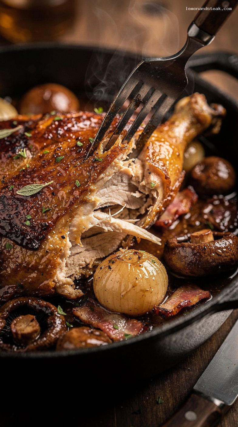 Coq Au Vin-Inspired Chicken Stew With Mushrooms and Herbs – Closeup