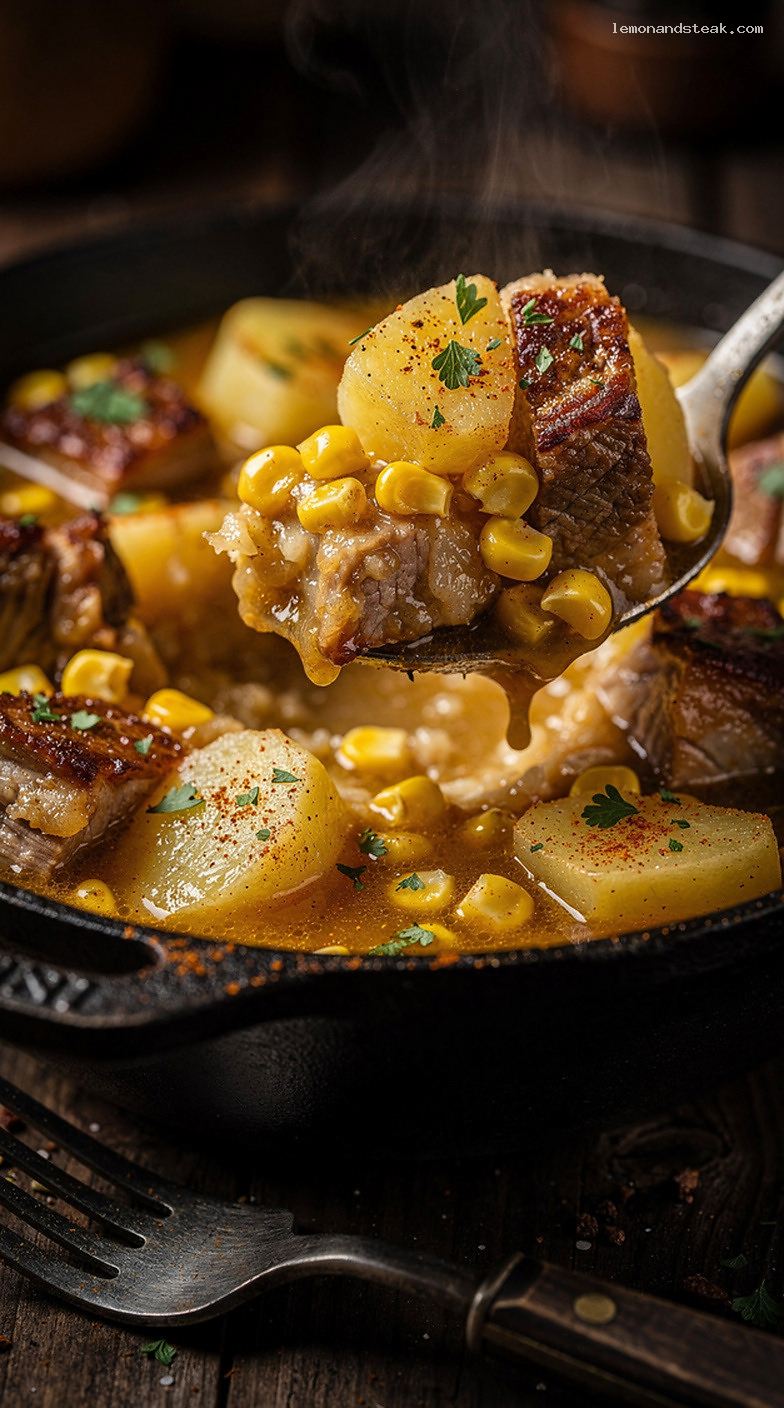 Cozy Pork, Potato, and Sweet Corn Stew – Closeup