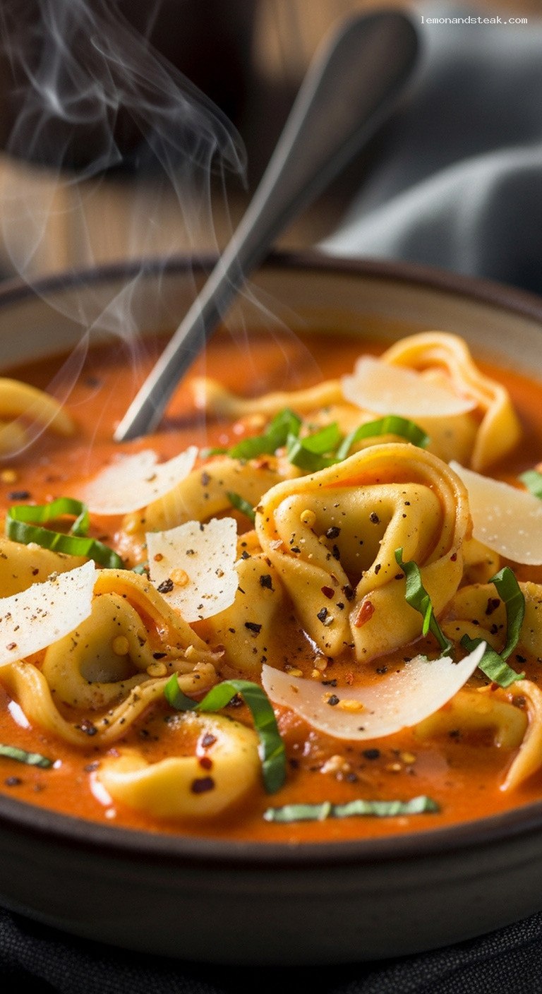 Cozy Spicy Tomato Tortellini Soup With Basil – Closeup